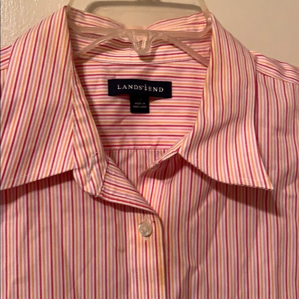 NEW LANDS-END STRIPES POPLIN BUTTON DOWN SHIRT CAREER BLOUSE CANDY PASTEL
